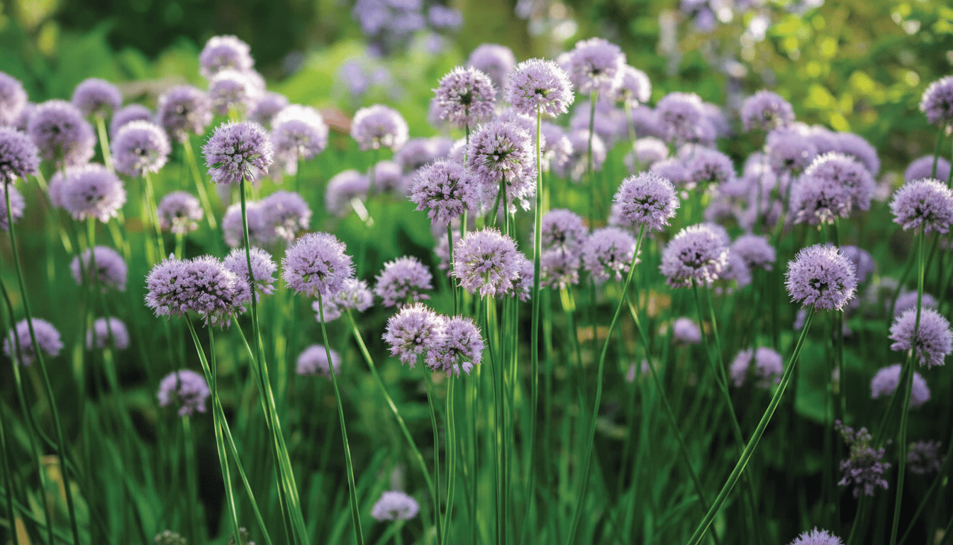 A field of purple allium flowers with green stems in soft focus.