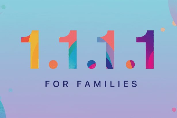 The 1.1.1.1 For Families logo against a professional flat design background with soft patterns and a gradient from light blue to purple, resized to a