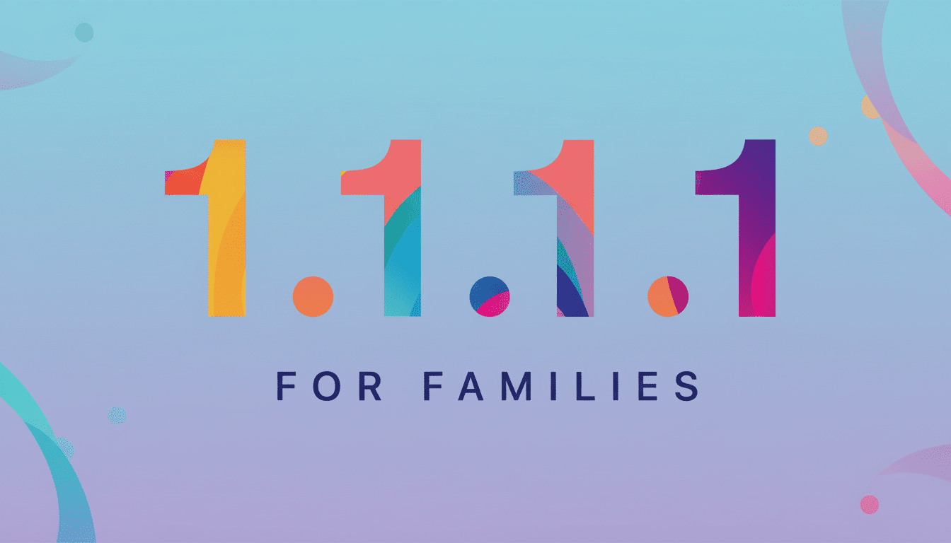 The 1.1.1.1 For Families logo against a professional flat design background with soft patterns and a gradient from light blue to purple, resized to a
