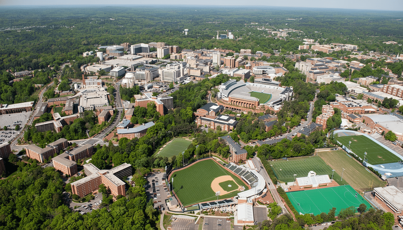 Aerial view of a university campus with multiple buildings, sports fields including a baseball diamond and a stadium, surrounded by lush green trees under a clear sky .