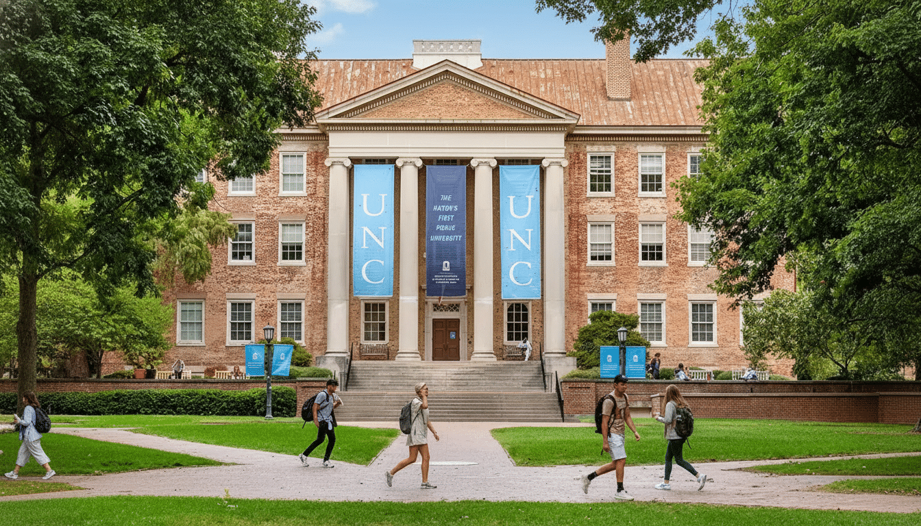 The main building of the University of North Carolina at Chapel Hill, a large brick structure with columns and blue banners, with students walking on pathways in front of it.