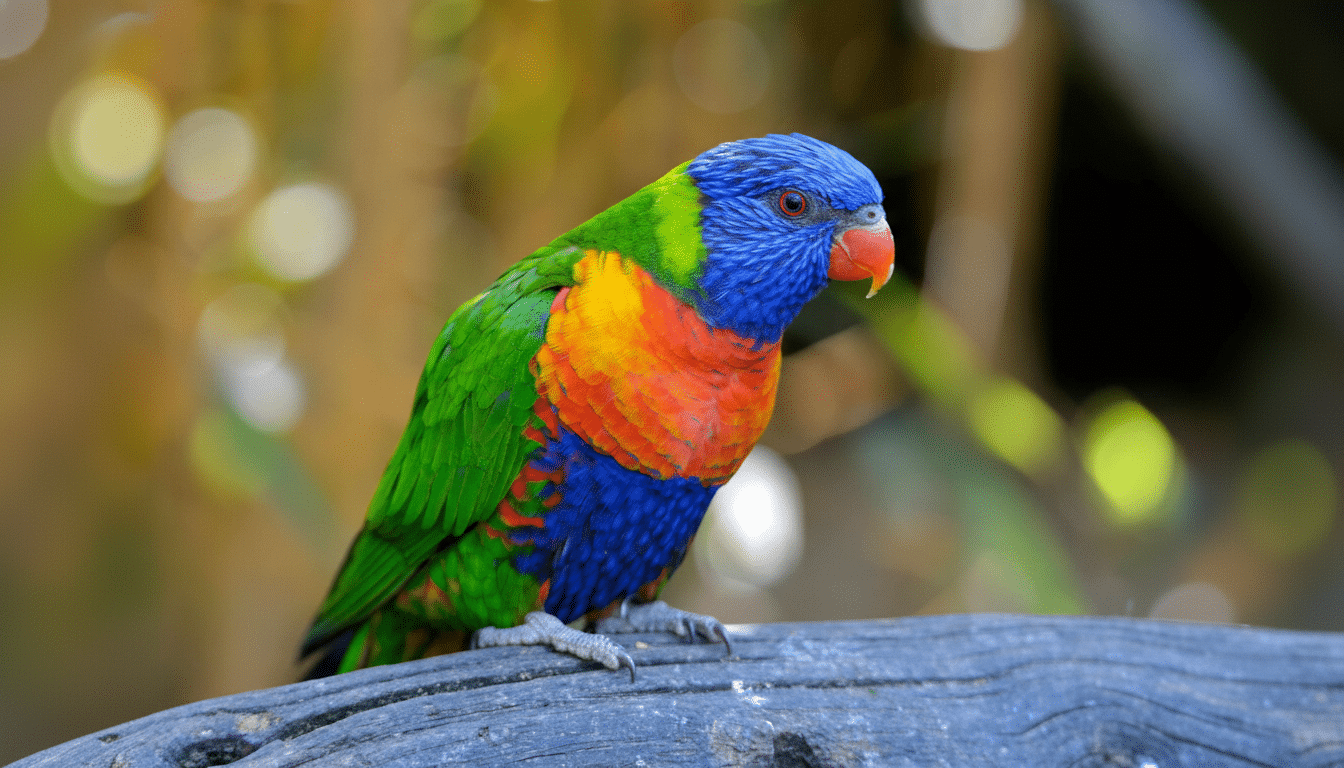 A vibrant rainbow lorike et with blue head , green wings , and orange- red chest, perched on a tree branch with a blurred natural background. Filename : rainbowlor ike et1 69. png