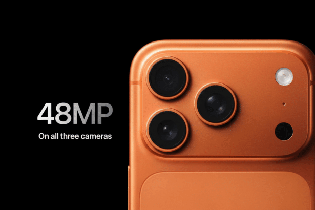 A close-up of the back of a copper -colored smartphone with a triple -lens camera system , against a black background. White text on the left reads 48MP On all three cameras.
