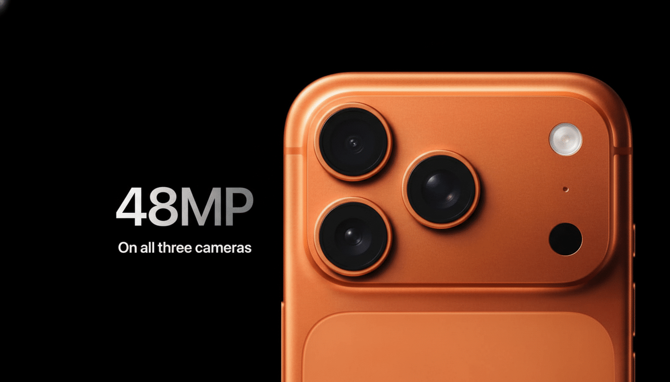 A close-up of the back of a copper -colored smartphone with a triple -lens camera system , against a black background. White text on the left reads 48MP On all three cameras.