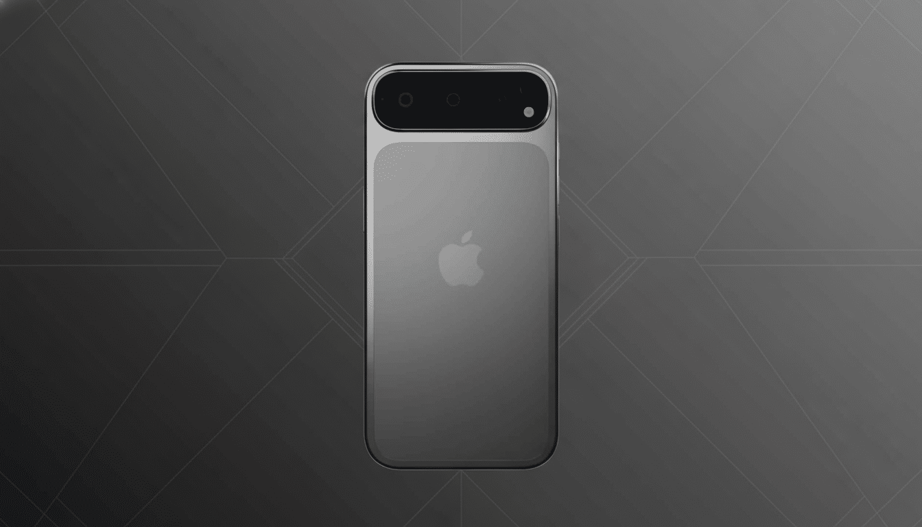 A professional , enhanced image of a dark grey Apple smartphone with a prominent camera array at the top, centered against a subtle dark grey background with a geometric pattern, resized to a 1 6:9 aspect ratio. Filename : applesmartphone professional1 6x9. png