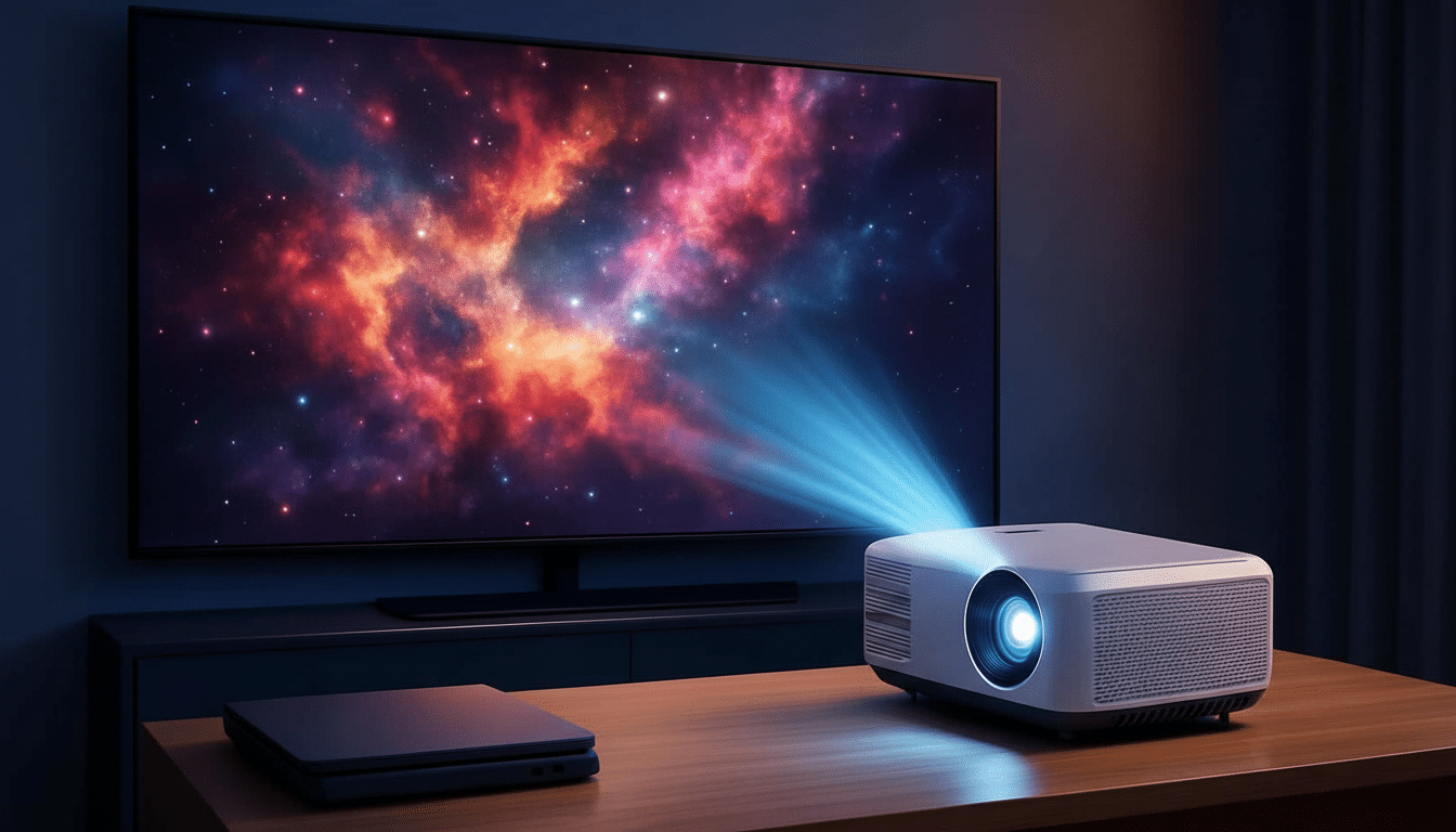 A professional shot of a white projector casting a vibrant nebula image onto a large screen in a dark room.