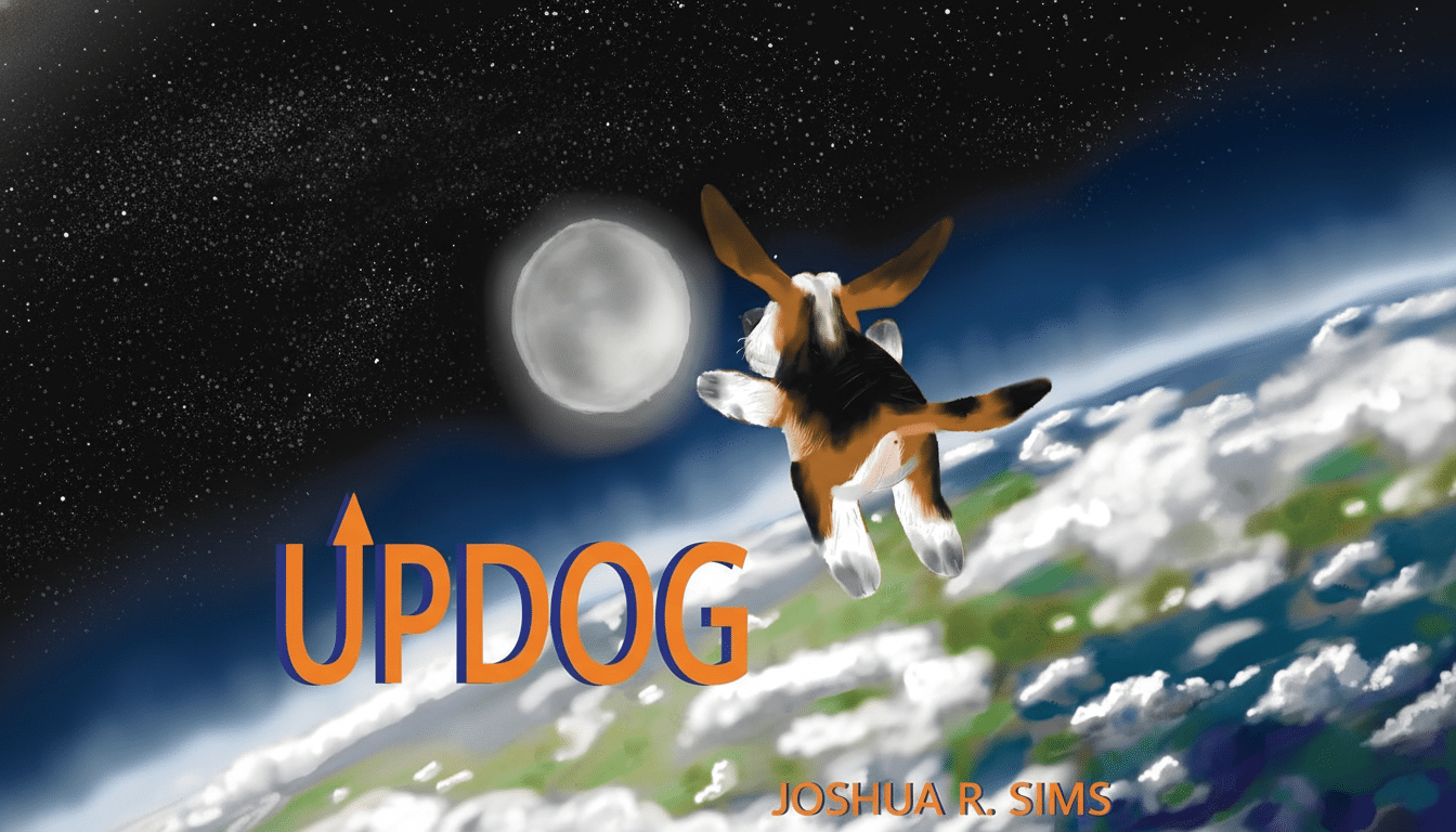 An illustrated book cover showing a beagle dog floating in space above Earth , looking towards the moon. The title UPD OG is in large orange and blue letters , and the author ' s name J OSHUA R. SIMS is at the bottom right.
