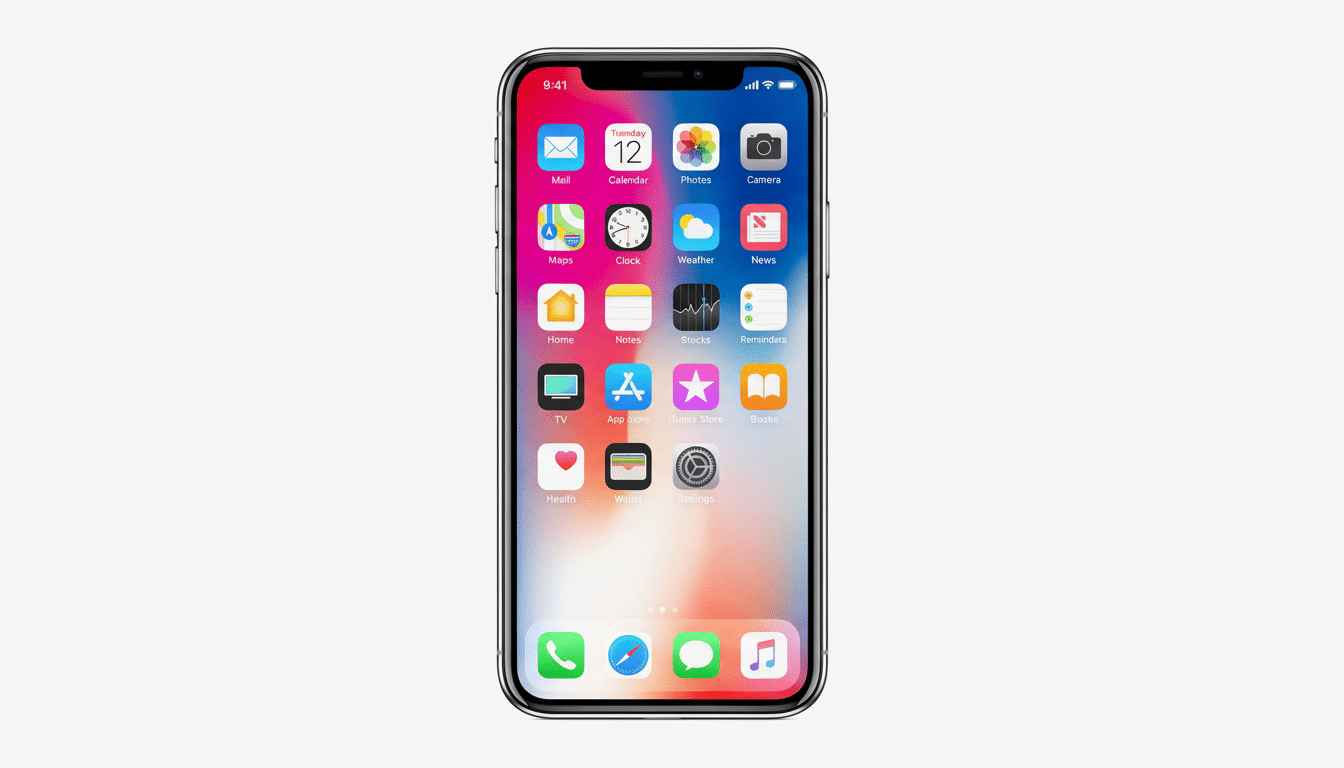 An iPhone X displaying its home screen with various app icons, set against a clean white background.