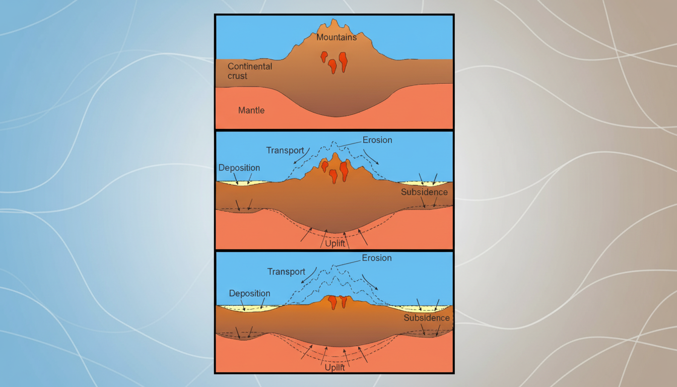 A three-panel diagram illustrating the geological processes of mountain formation, erosion, transport, deposition, subsidence, and uplift.