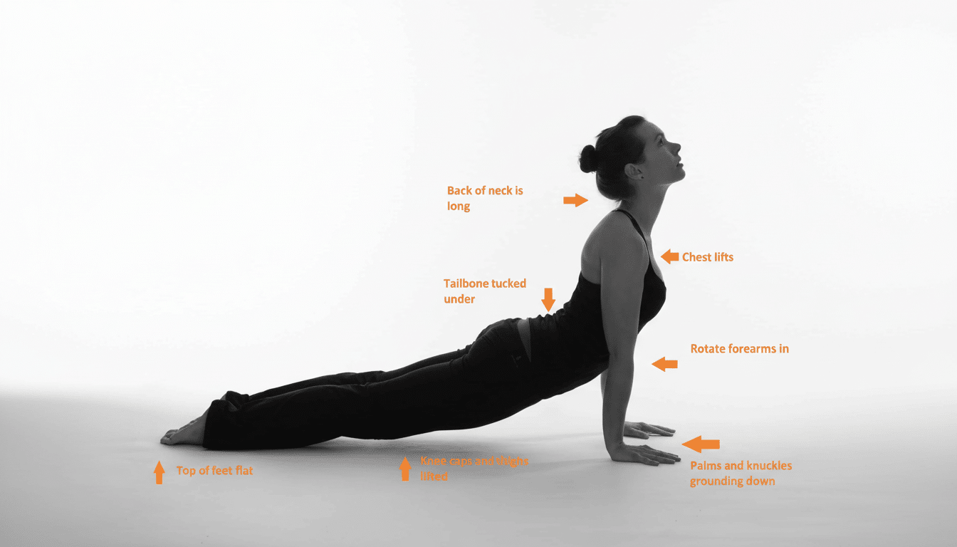 A woman demonstrates the upward-facing dog yoga pose with instructional arrows pointing to key body positions and text explaining the alignment .