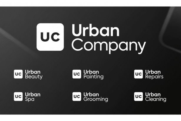 The Urban Company logo with six service categories ( Beauty, Painting, Repairs, Spa, Grooming, Cleaning ) presented on a dark grey background with subtle diagonal patterns , resized to a 16:9 aspect ratio.