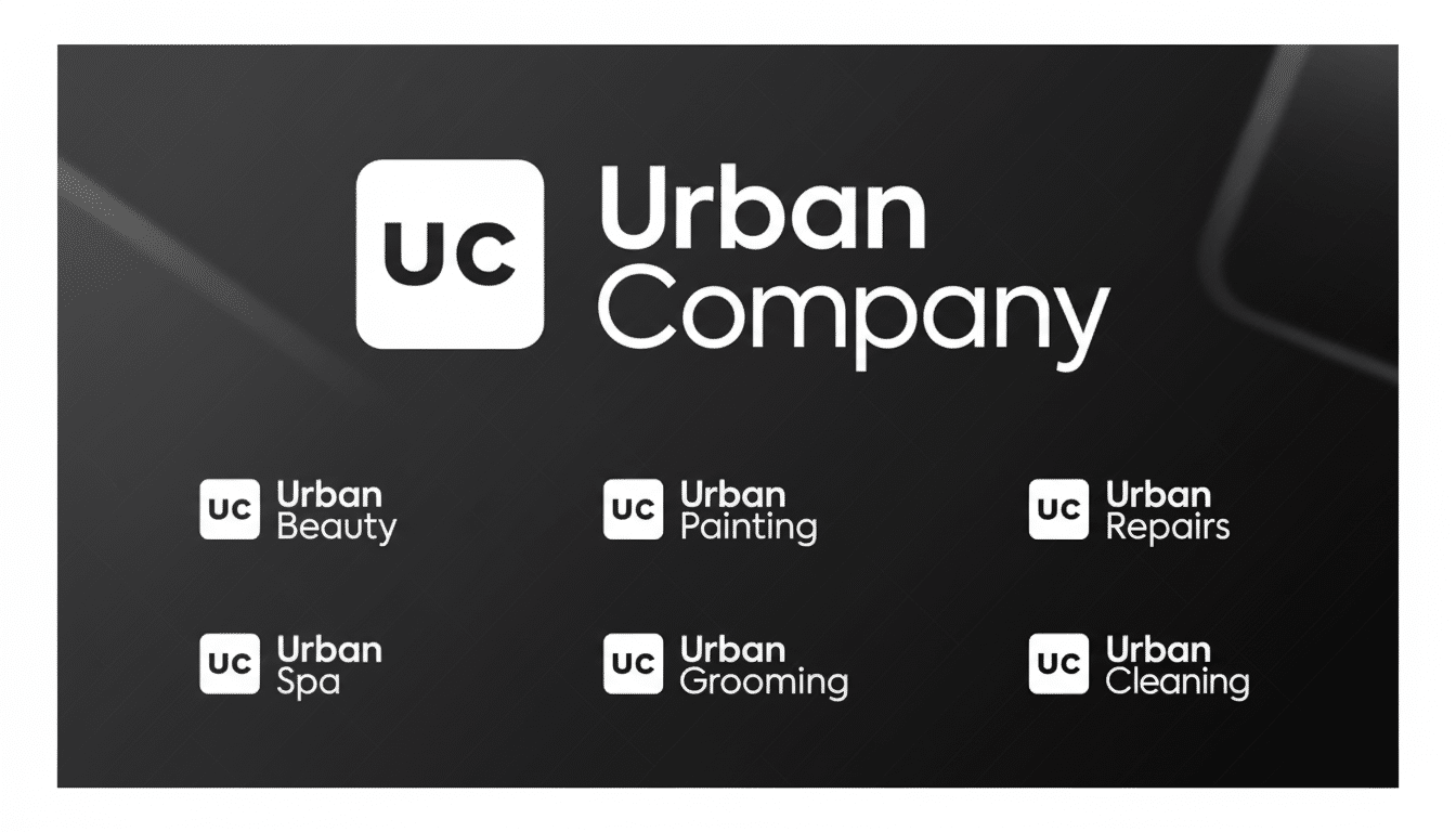 The Urban Company logo with six service categories ( Beauty, Painting, Repairs, Spa, Grooming, Cleaning ) presented on a dark grey background with subtle diagonal patterns , resized to a 16:9 aspect ratio.