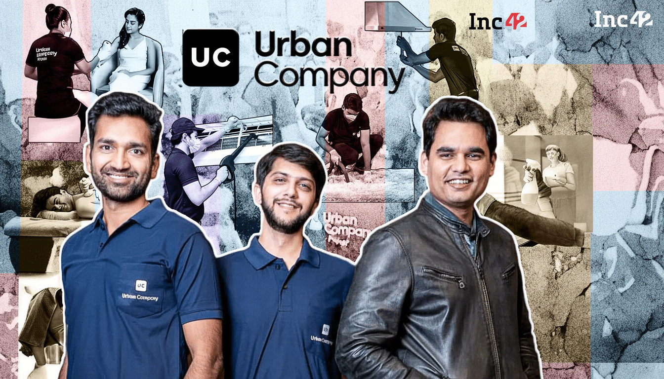 A professional image with three men in the foreground , two wearing Urban Company polo shirts and one in a leather jacket, smiling at the camera . The background features various service providers from Urban Company in action , against a textured , muted color backdrop , with the  Urban Company logo and Inc4 2 branding.