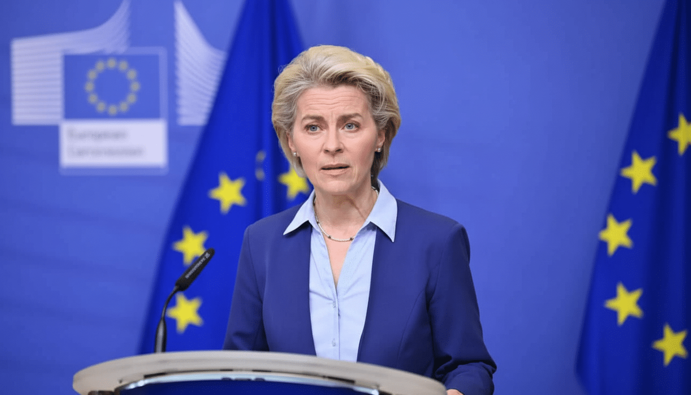 Ursula von der Leyen speaking at a podium with the European Union flag in the background.