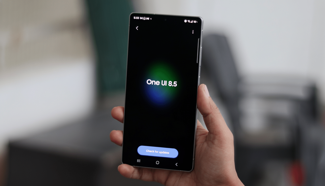 A hand holding a smartphone displaying One UI 8 .5 on a dark screen with a Check for updates button.