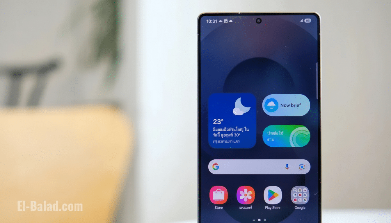 A modern smartphone displaying its home screen with a weather widget, app icons, and a search bar. The background is slightly blurred, focusing on the device .