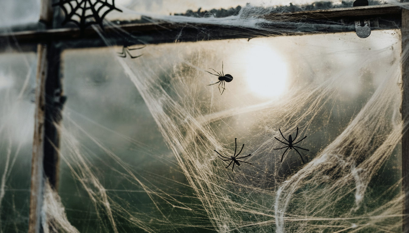 Sp iders and cob webs ador ning a window, creating a spooky atmosphere .