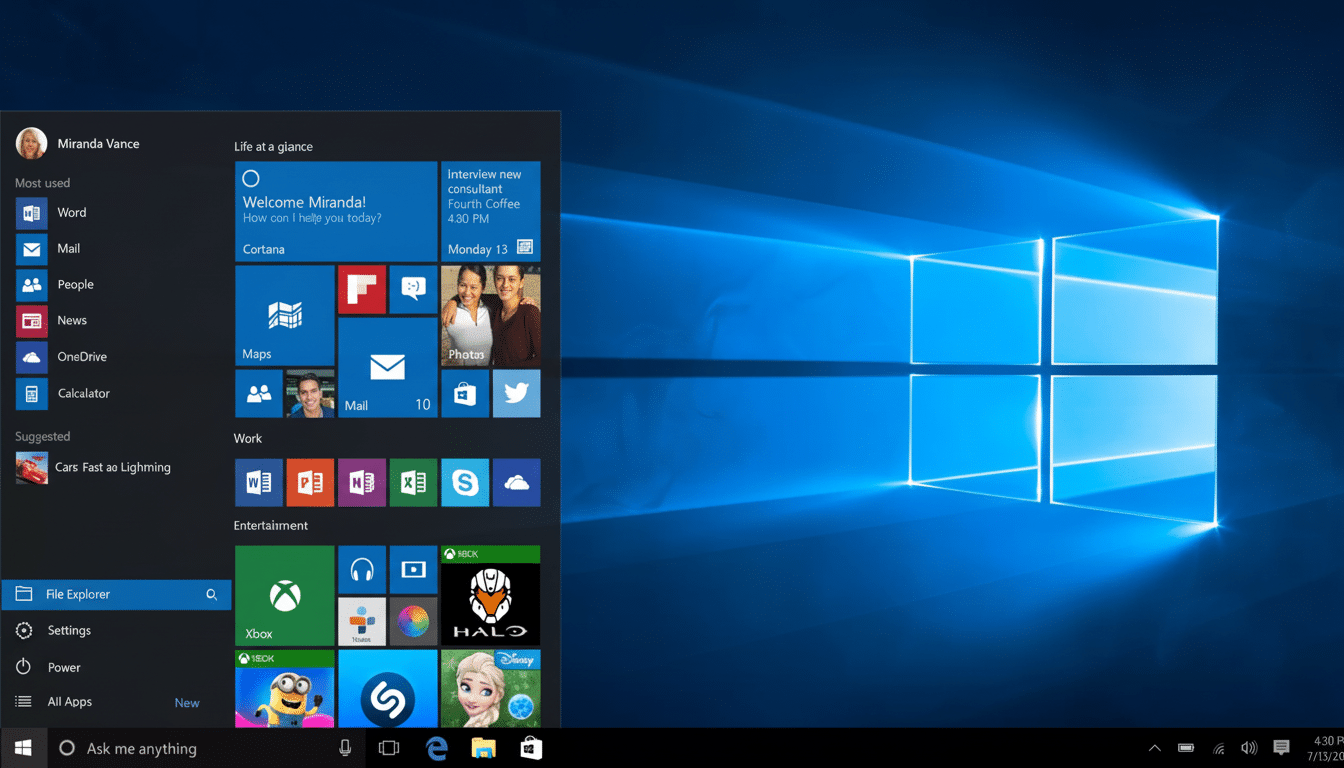 A professional enhancement of the Windows 10 Start Menu, resized to a 1 6:9 aspect ratio, maintaining the original background. The Start Menu is open on the left, displaying applications, live tiles, and user information , with the default Windows desktop background on the right.