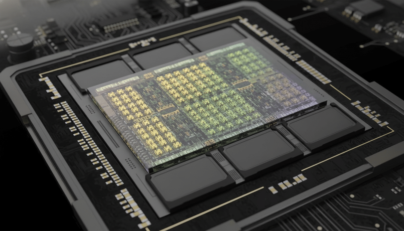 A detailed , professional image of a computer chip with intricate circuitry and colorful components , set against a dark, slightly textured background. Filename : computerchip professional1 6x9. png
