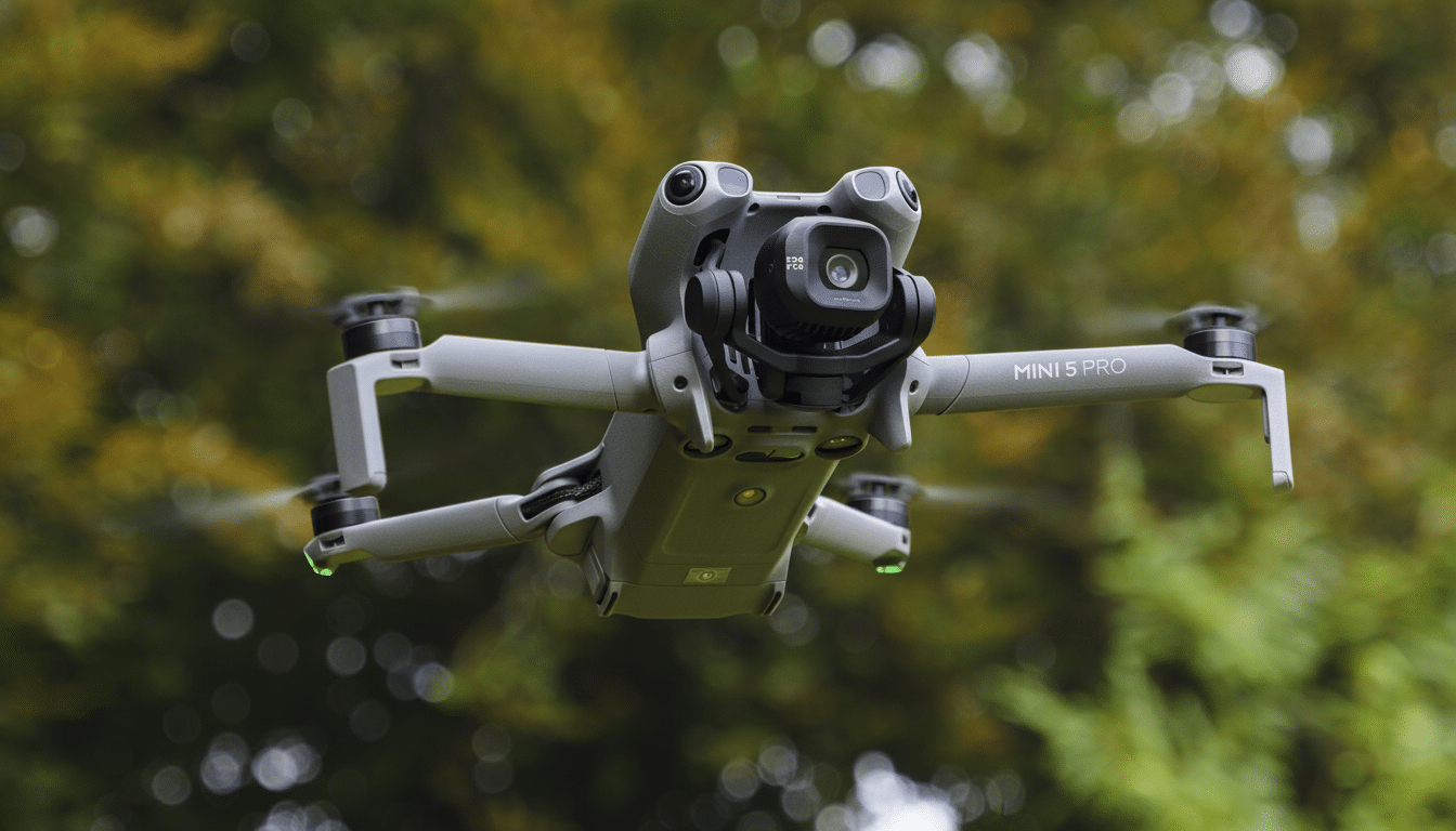 A DJI Mini 5 Pro drone hovering in front of a blurred green foliage background, resized to a 16: 9 aspect ratio.