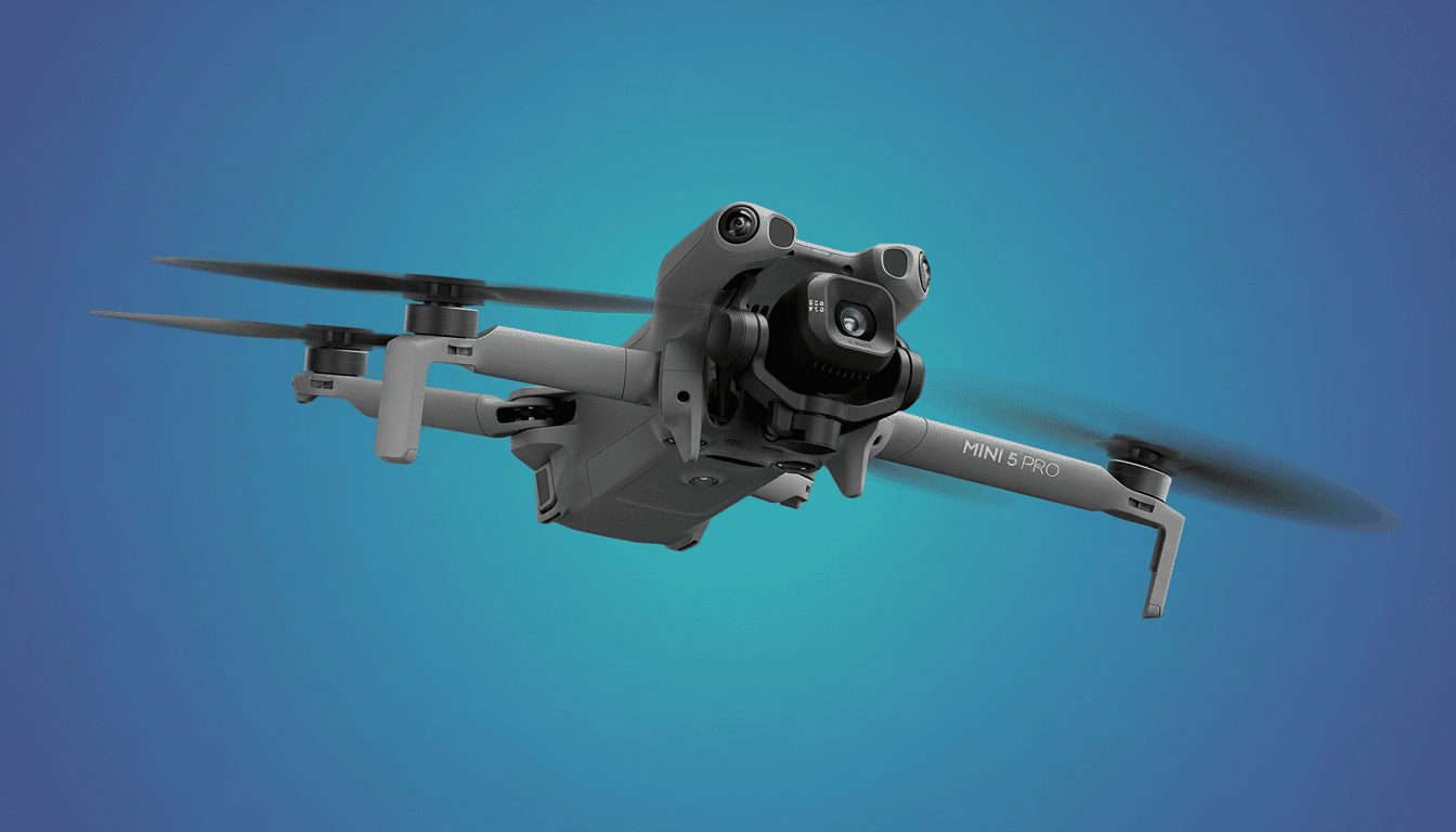 A grey drone with MIN I 5 PRO  written on one arm , shown in flight against a solid blue background.