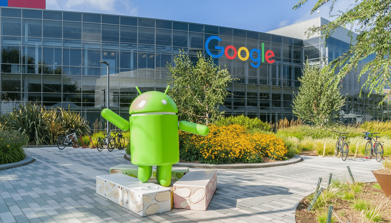 A large green Android statue in front of the Google building with a colorful Google logo.
