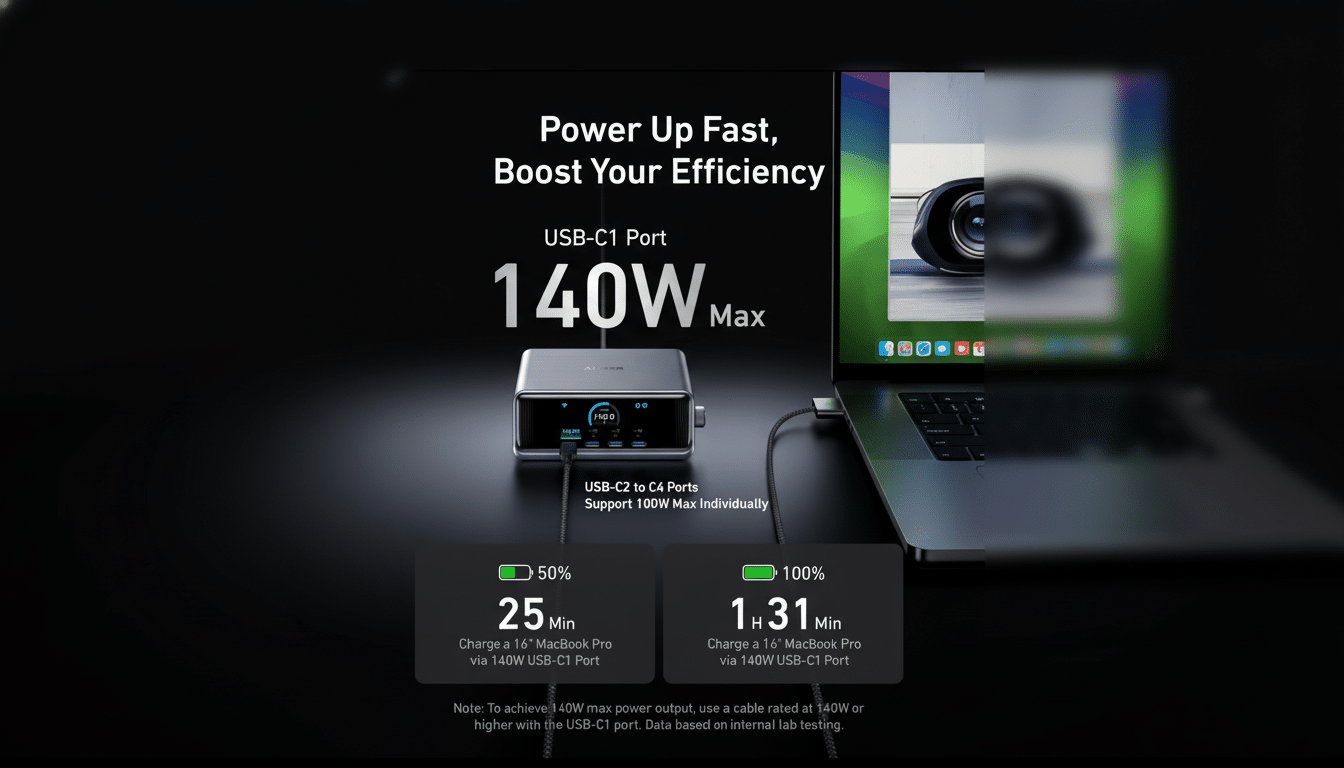 An image advertising a USB-C charging station, showing Power Up Fast, Boost Your Efficiency with a large 140W Max text. It displays charging times for a 16 MacBook Pro at 50% in 25 minutes and 1 00% in 1 hour 31 minutes via a 14 0W USB- C1 Port . The device is connected to a laptop on a desk .