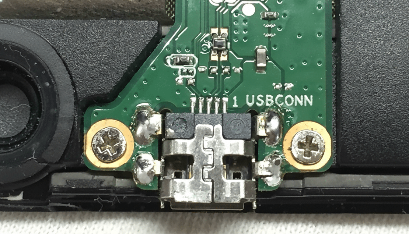 Close- up of a green circuit board with a USB connector labeled 1 US BCONN and two visible screws, set against a dark background.