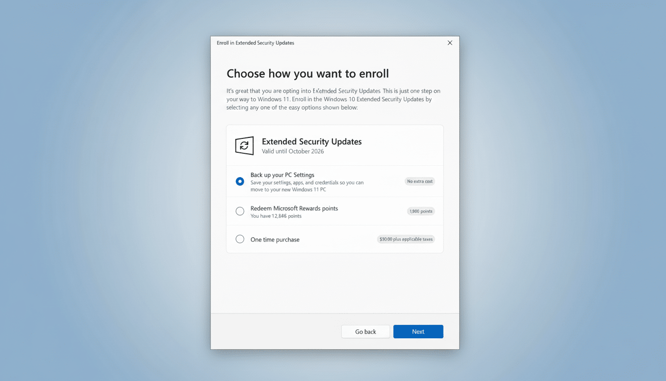 A screenshot of the Enroll in Extended Security Updates window , showing options to Back up your PC Settings, Redeem Microsoft Rewards points, or One time purchase . The Back up your PC Settings option is selected .