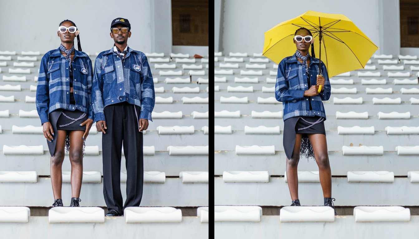 A 16:9 aspect ratio image featuring two individuals in denim outfits and sunglasses, standing on white stadium seating . On the left , a person with braids stands next to a person in a cap. On the right, the person with braids holds a yellow umbrella.