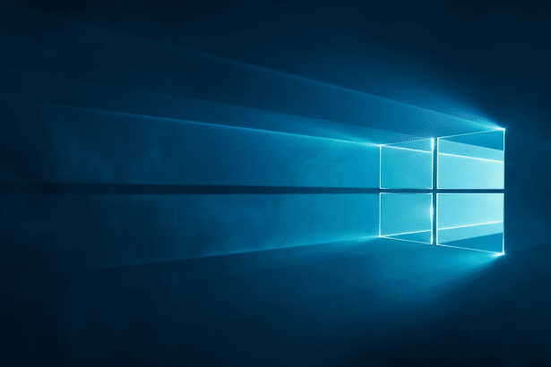 The Windows logo glowing with blue light against a dark blue background , resized to a 16: 9 aspect ratio.