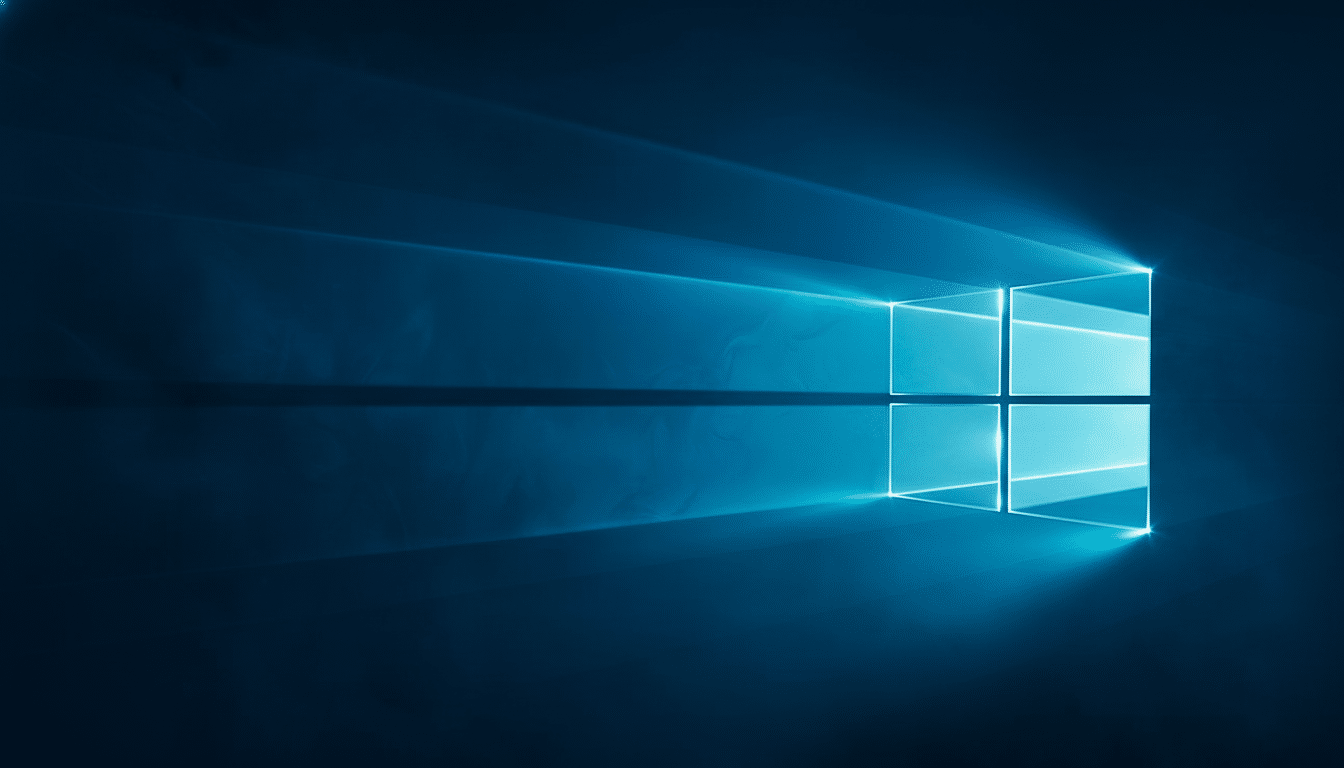 The Windows logo glowing with blue light against a dark blue background , resized to a 16: 9 aspect ratio.