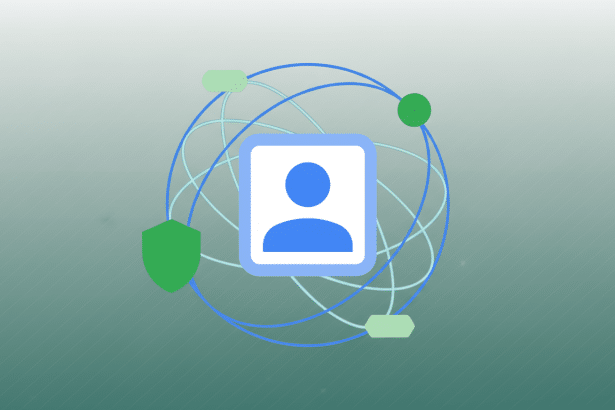 An illustration showing a central user icon surrounded by interconnected network lines , various shapes representing data or services, and a green shield icon for security , all against a gradient green background.