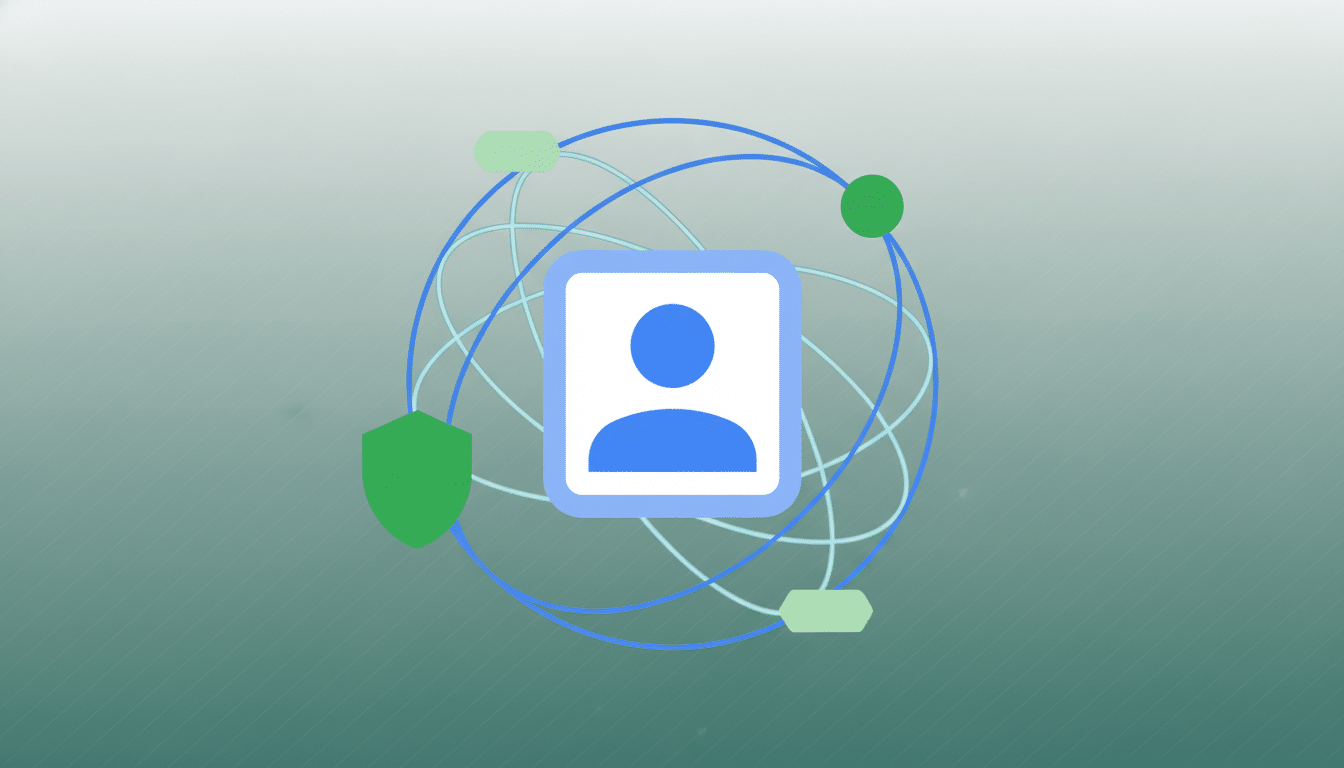 An illustration showing a central user icon surrounded by interconnected network lines , various shapes representing data or services, and a green shield icon for security , all against a gradient green background.