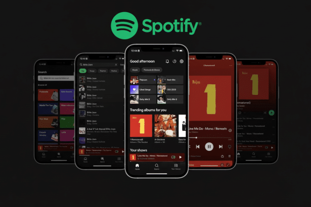 Five iPhones displaying the Spotify app interface, with the Spotify logo above, presented in a 16:9 aspect ratio.