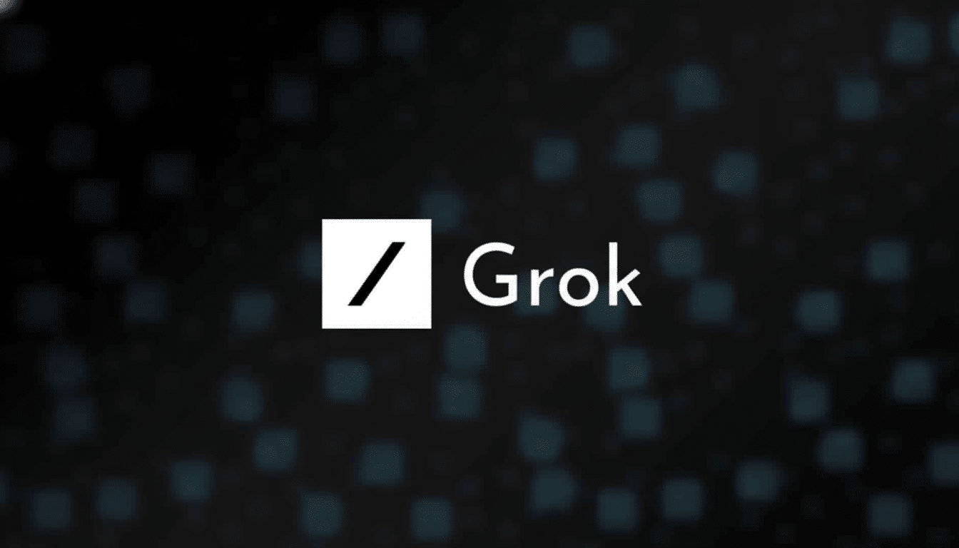 The Grok AI logo features a white square with a black forward slash inside, next to the word Grok in white text, set against a dark, subtly textured b