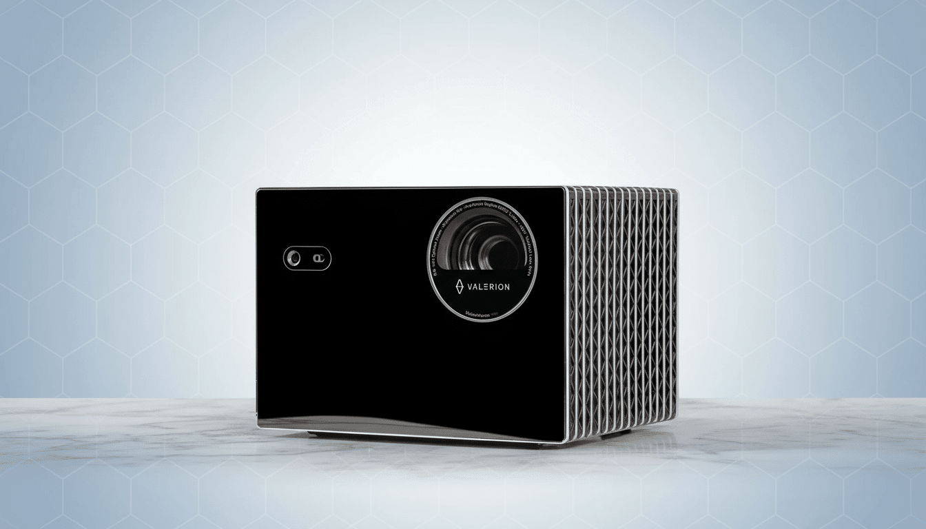 A sleek , black Valer ion projector with a silver ribbed side, sitting on a white marble surface, against a professional light blue background with a subtle hexagonal pattern.