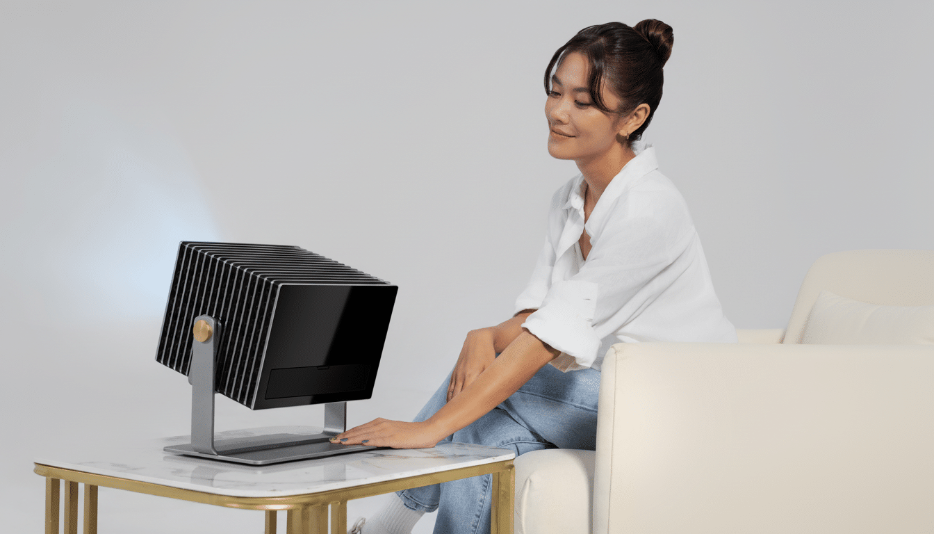 text : A young woman in a white shirt and jeans sits next to a sleek, modern projector on a table, w