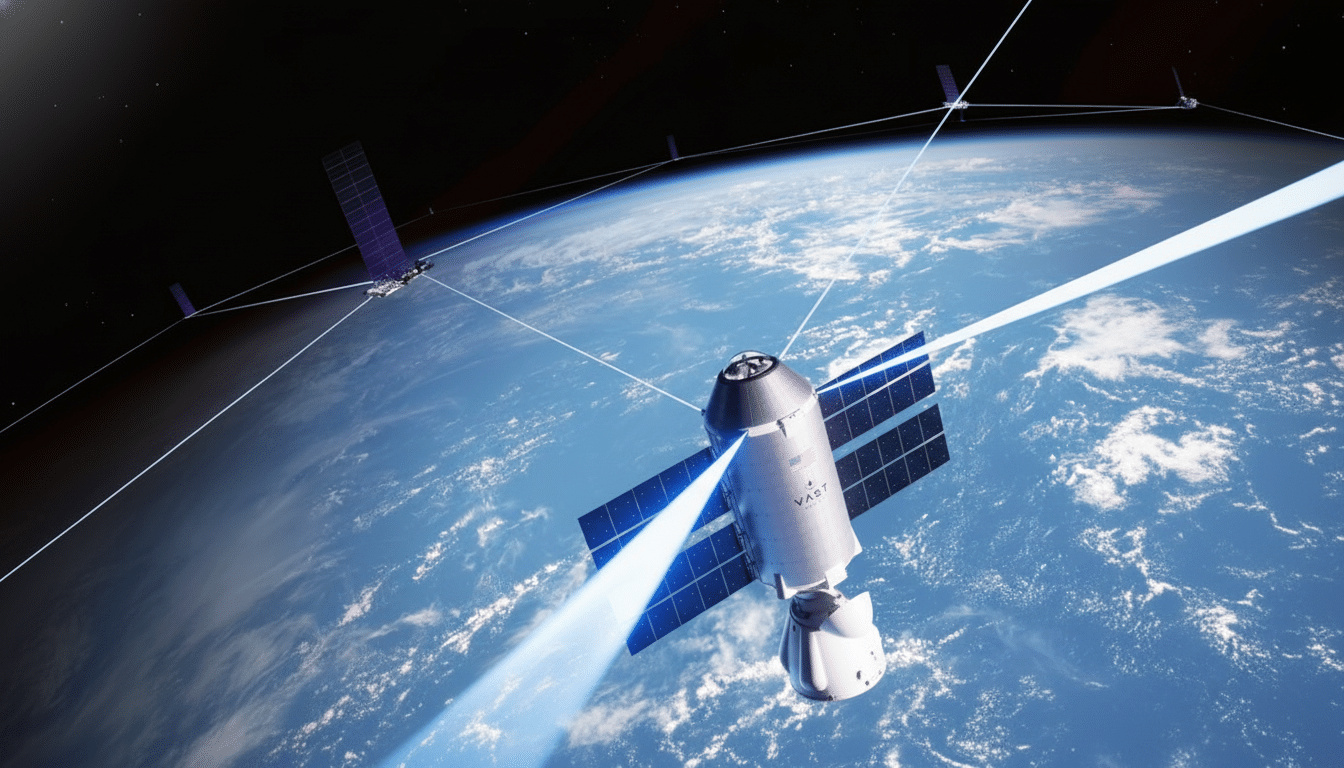 A professional image of a VAST satellite orbiting Earth, with laser beams connecting it to other satellites in a network. The Earth ' s surface and atmosphere are visible in the background, along with the vast ness of space.