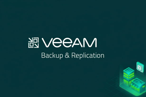 Veeam Backup & Replication logo and text on a dark green background with subtle architectural icons .