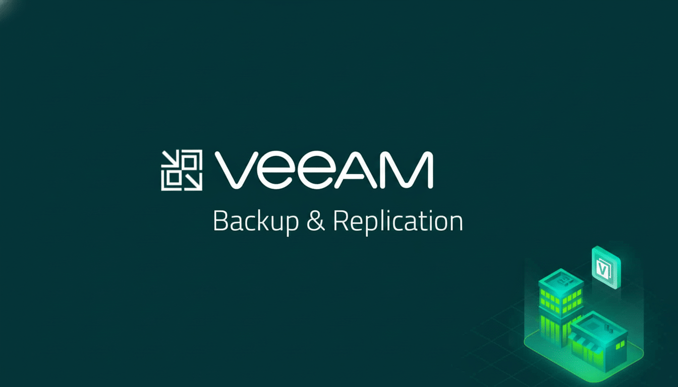 Veeam Backup & Replication logo and text on a dark green background with subtle architectural icons .