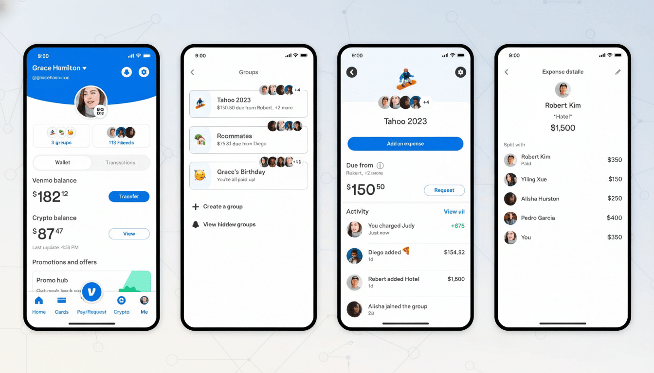 Four mobile screens displaying different interfaces of a Venmo- like payment application, showing profile , groups, expense details, and activity logs .