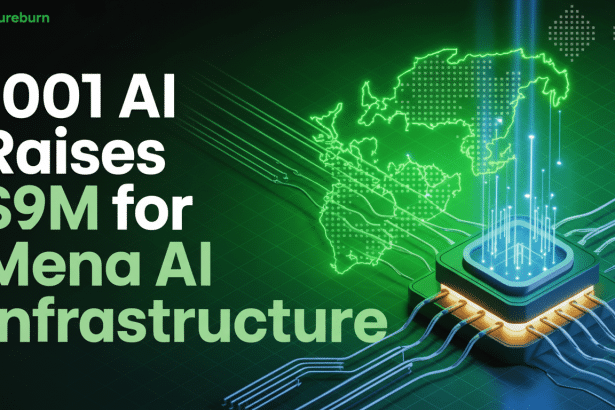 An image from Ventureburn announcing 1001 AI Raises  M for Mena AI Infrastructure. The background features a green, glowing map outline, likely of the MENA region, connected by circuitry to a central , illuminated AI chip.