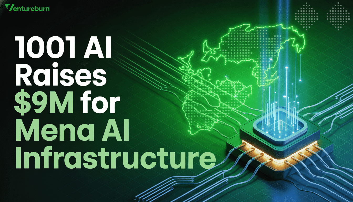 An image from Ventureburn announcing 1001 AI Raises  M for Mena AI Infrastructure. The background features a green, glowing map outline, likely of the MENA region, connected by circuitry to a central , illuminated AI chip.