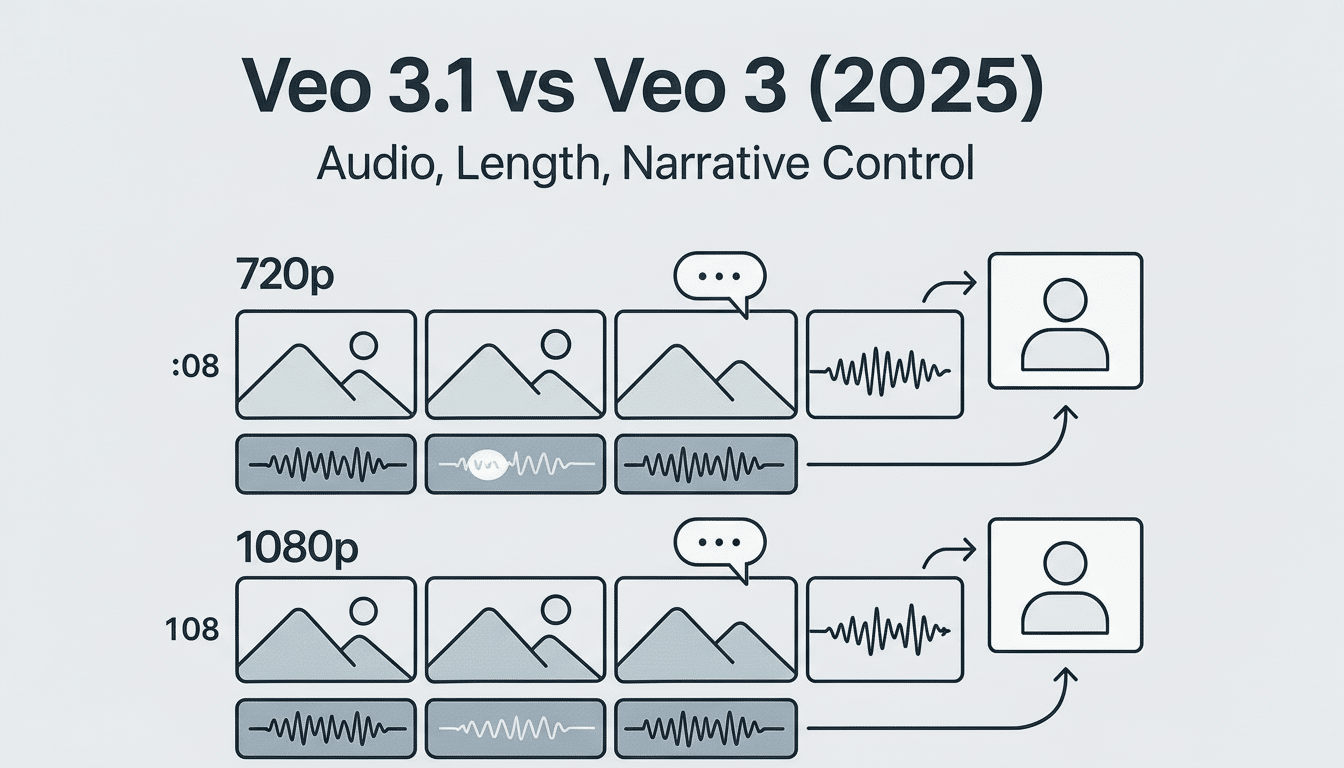 A diagram comparing Veo 3.1 and Veo 3 (20 25) across audio, length, and narrative control, illustrating differences in processing at 72 0p and 1080 p resolutions with corresponding audio waveforms and user icons .