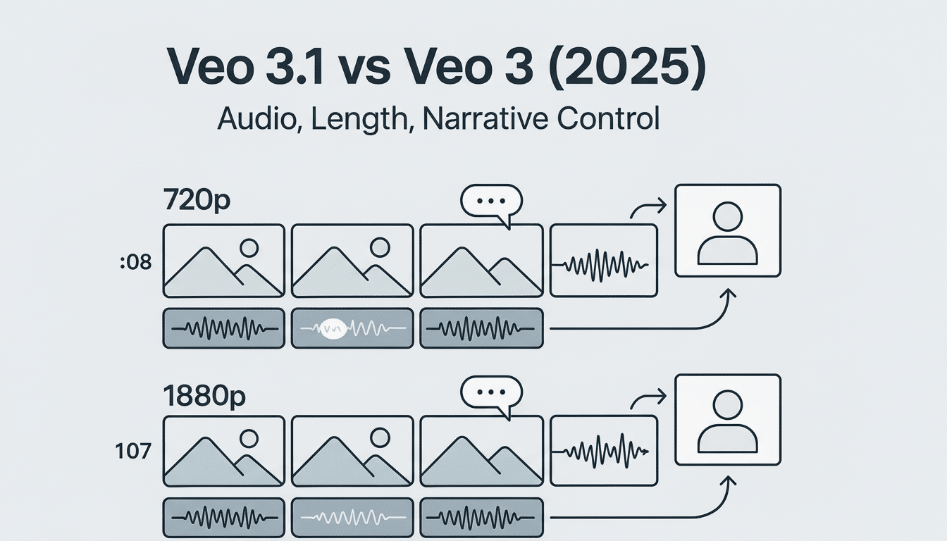 A professional comparison chart between Veo 3.1 and Veo 3 (202 5), illustrating differences in audio, length, and narrative control for video resolutions .