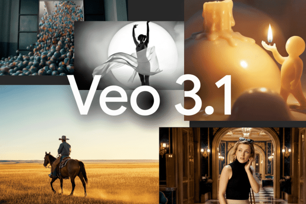 A collage of images with Veo 3 .1 in large white text in the center. The images include spheres in a container , a ballerina, a figure holding a candle, a cowboy on a horse, and a woman in a fancy room. Filename : veo3 1collage .png