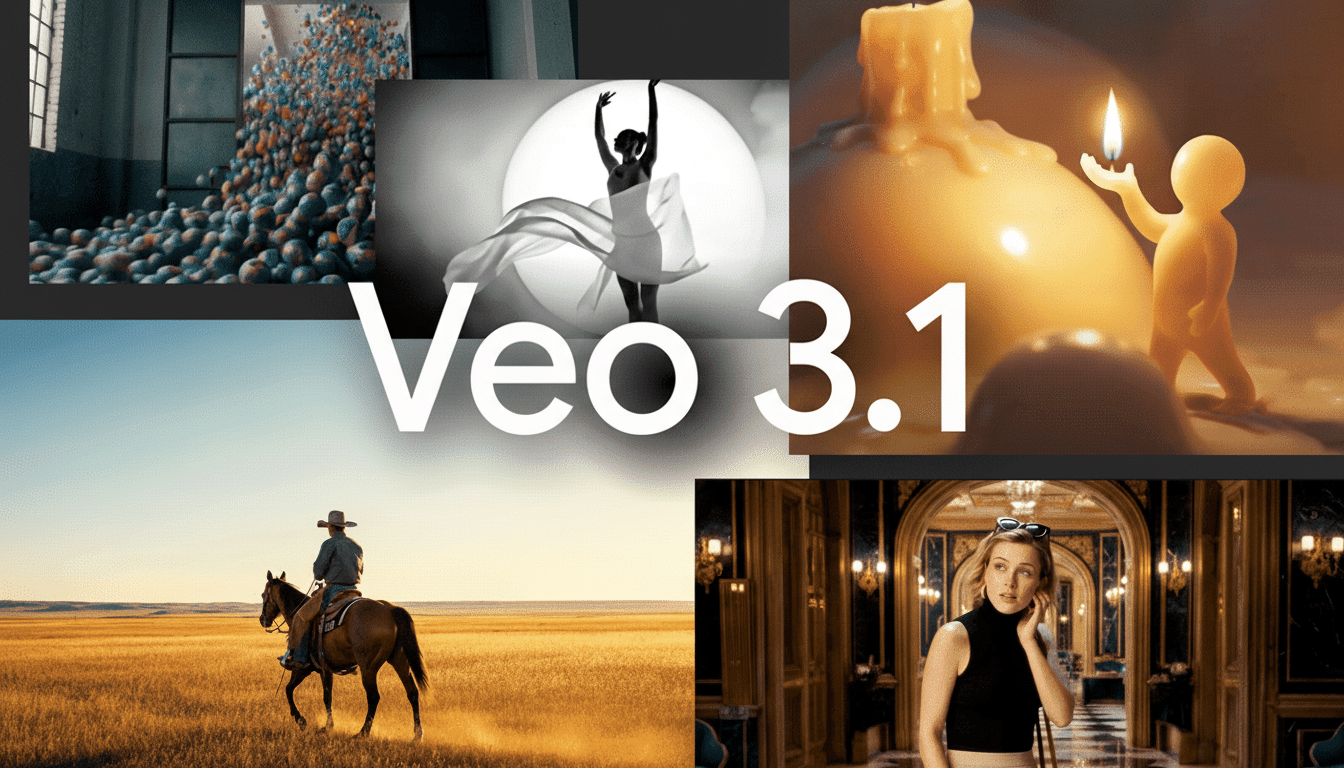 A collage of images with Veo 3 .1 in large white text in the center. The images include spheres in a container , a ballerina, a figure holding a candle, a cowboy on a horse, and a woman in a fancy room. Filename : veo3 1collage .png