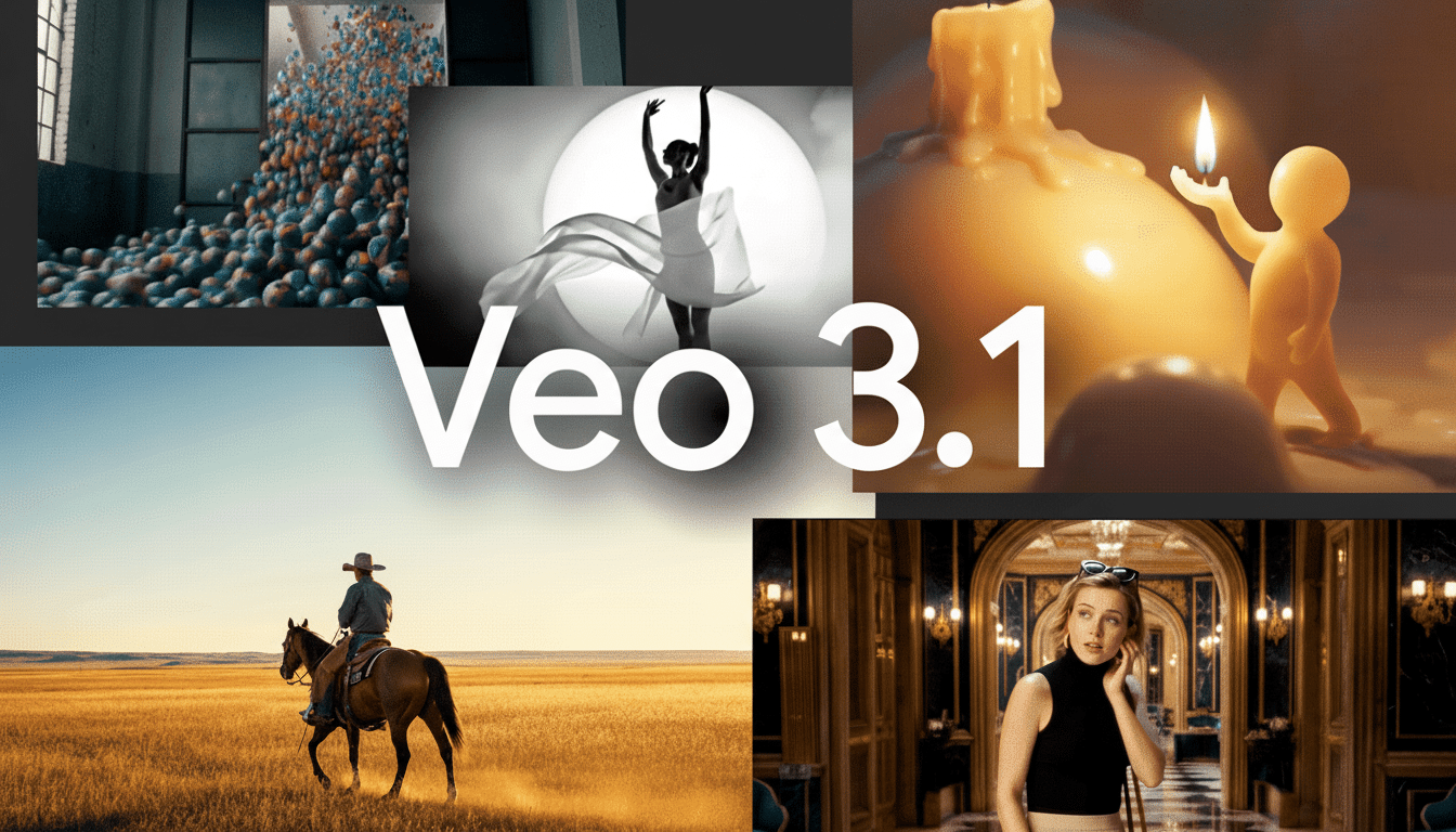 An image collage with various scenes , including balls being poured , a dancer, a figure with a candle, a cowboy on a horse, and a woman in a fancy hall, overlaid with Veo 3 .1.