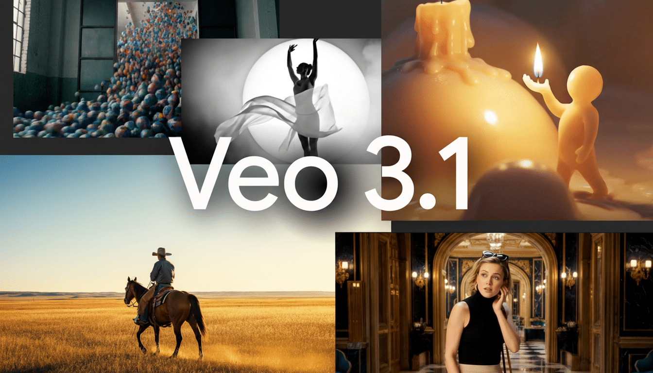 A montage of various images with Veo 3 .1 text overlaid in the center. The images include colorful balls in a factory, a sil houetted dancer , a small figure holding a candle next to a larger melting candle, a cowboy riding a horse in a field, and a woman in a luxurious interior .